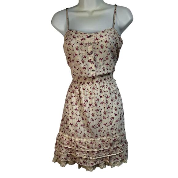 Mango Cream and Pink Ditsy Floral Mini Sundress, Tiers, Eyelet Lace, Size Medium - Picture 1 of 11